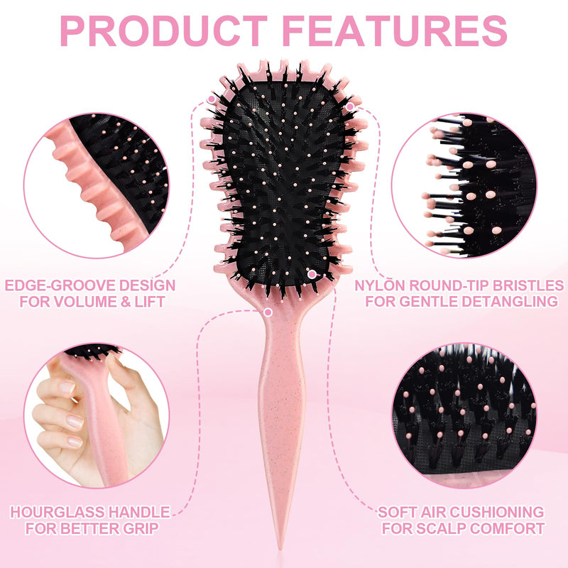 DUAIU 5Pcs Hair Brush Set, Curl Defining Brush for Detangling, Boar Bristles Paddle Brush and Wide Tooth & Rat Tail Comb Set with Travel-Sized Mirror, Hair Style Care Gift Kit for Women Men Kids(Pink) Pink