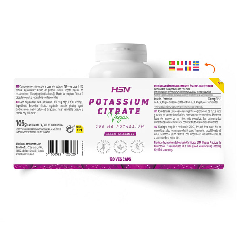 [Australia] - HSN Potassium Citrate 1664 mg (600 mg elemental potassium) per daily dose | 180 vegetable capsules | Potassium contributes to the normal functioning of the nervous system | Non-GMO, vegan, gluten-free 