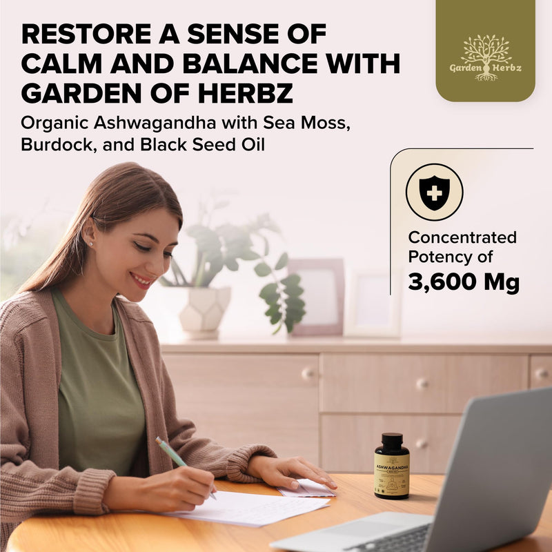 [Australia] - Organic Ashwagandha Root & Irish Sea Moss – 3,600 mg Ashwagandha Supplement with Black Seed Oil, & Burdock Root – Herbal Supplement for Energy, Worry, & Wellness, 60 Caps 60 Count (Pack of 1) 