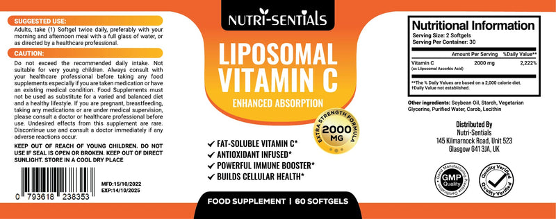 Liposomal Vitamin C Capsules - 2000mg Pure Extra High Strength Formulation | 60 Soft Gels | Pure Vegan Liposomal Vitamin C | Immune Booster |