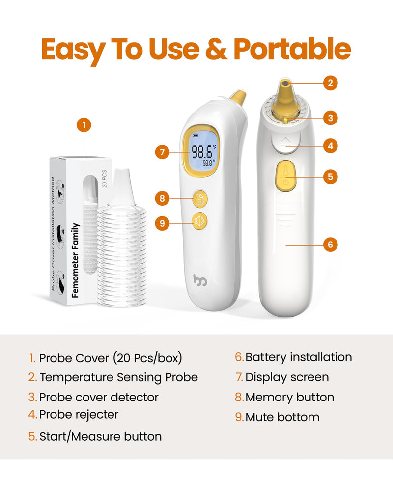 [Australia] - Ear Thermometer, Highly Accurate Thermometer for Kids, Adults and Toddlers, 32 Memory Recall, 1s Fast, 3 Color Fever Alarm with Mute Mode, 21 Disposable Probe Covers ET107 