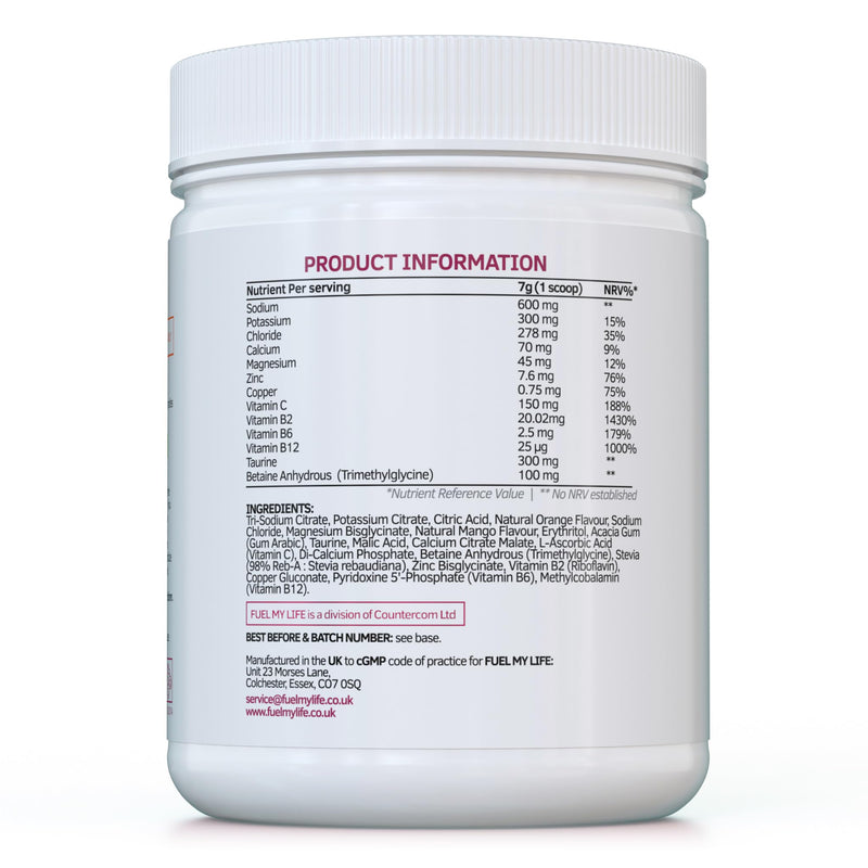 Electrolyte Powder with Osmolytes - Natural Mango & Orange Flavour - 420g (60 Servings) - Sugar-Free with Vitamins & Minerals - Vegan - UK Made