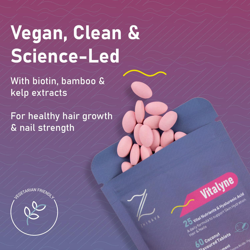 Vitalyne Hair, Skin & Nails Vitamins with Biotin & Hyaluronic Acid – Hair Growth Supplement for Women & Men – 25 Nutrients – 60 Coconut Tablets (60 Day Supply) – Made in UK