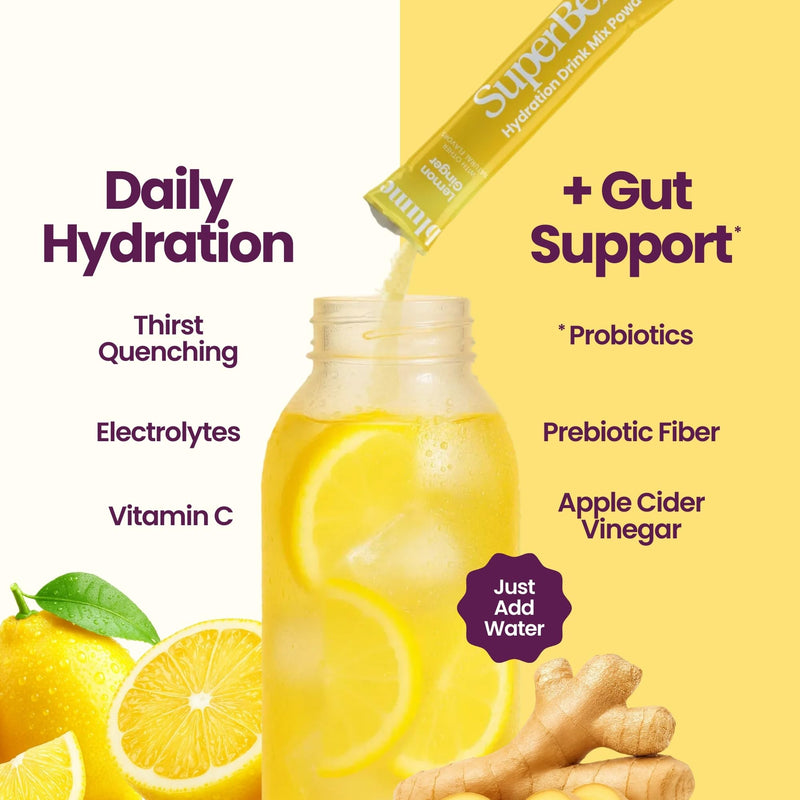Blume SuperBelly Gut Health + Hydration, Daily Sugar Free Probiotics, Prebiotic Fiber, and Electrolytes Powder Packets for Digestion Support, Stacked Water - Lemon Ginger, 15 Sticks