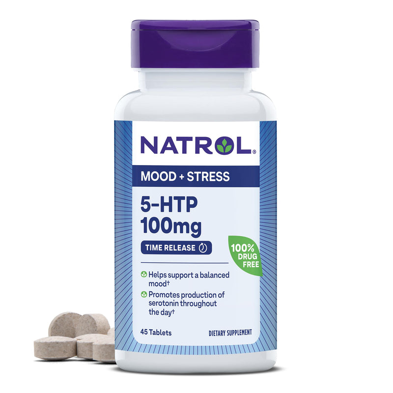 Natrol 5-HTP Time Release tablets, Promotes a Calm Relaxed Mood, Helps Maintain a Positive Outlook, Enables Production of Serotonin, Drug-Free, Controlled Release, Maximum Strength, 100mg, 45 Count Unflavored 45 Count (Pack of 1)