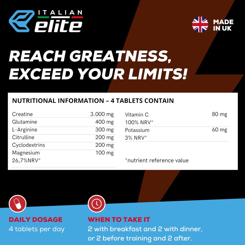 Italian Elite® Creatine Extreme, Creatine with Glutamine, Arginine, Citrulline, VIT C, Magnesium, Potassium. Pre-Post Workout 120 tabs Micronized Monohydrate with Rapid Muscle Absorption.