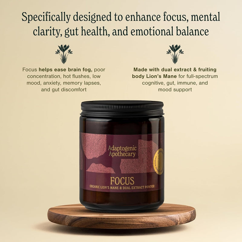 Focus – Premium Lion's Mane Powder, Whole-Mushroom Fruiting Body & Dual Extract | 2,000mg per 2g Serving | 60g Glass Jar | UK-Made, Vegan, Gluten Free