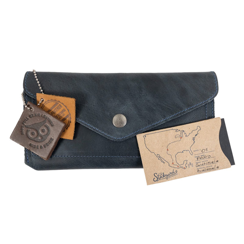 Hide & Drink, Full Grain Leather Large Female Wallet, Travel Organizer for Women, Vintage Money and Card Holder, Handmade, Slate Blue