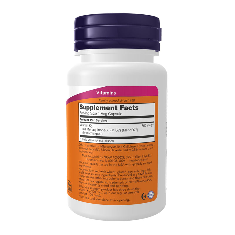 NOW Foods Supplements, Vitamin K2 (MK-7) 300 mcg, Extra Strength, Supports Bone Health*, 60 Veg Capsules 60 Count (Pack of 1)