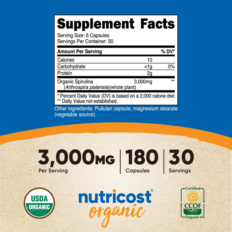 Nutricost Spirulina 3,000mg, 180 Capsules - CCOF Certified Made with Organic Spirulina, Gluten Free, Vegetarian 180 Count (Pack of 1)