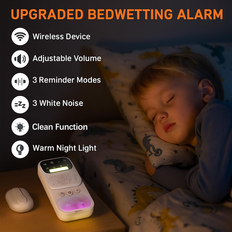 [Australia] - Bed Wetting Alarm for Boys, Wireless Bedwetting Alarm with Adjustable Volume, 8 Modes Bed Wetting Solutions for Kids, White Noise for Sleep, Night Lighting, Include Progress Card and Stickers 