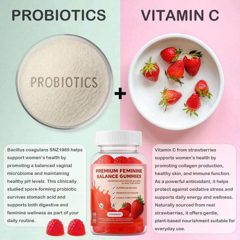 Vaginal Probiotic Feminine Gummies for Women – pH Balance Support & Vitamin C, Strawberry Flavor, Vegan, Sugar-Free, Non-GMO, 60 Gummies (30 Servings)