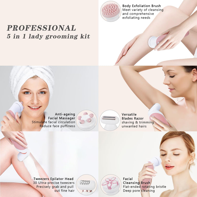 [Australia] - 5 in 1 Electric Shaver for Women,Epilators Hair Removal for Women's Body, Electric Razor for Women Legs Public Area Bikini Trimmer, Face Scrubber, Facial Cleaning Brush Dry Wet Gift Set (Pink) 