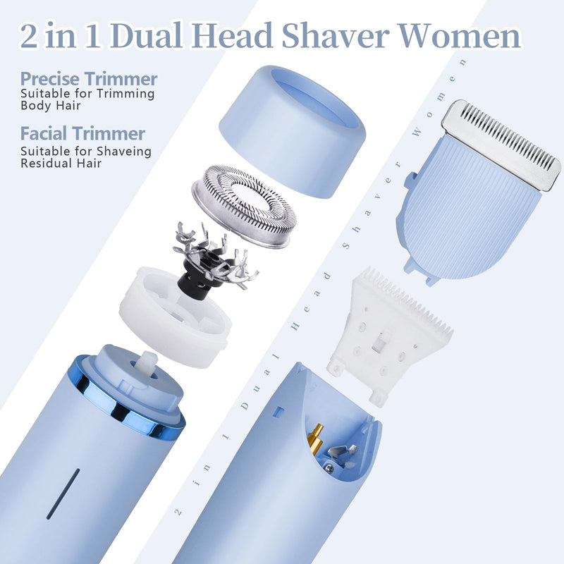 [Australia] - Ladies Electric Razor, 2 in 1 Dual Head Shaver Women, Bikini Trimmer for Women Personal Body Face Leg Arm Hair USB Charge Waterproof Wet and Dry (Blue) Blue 