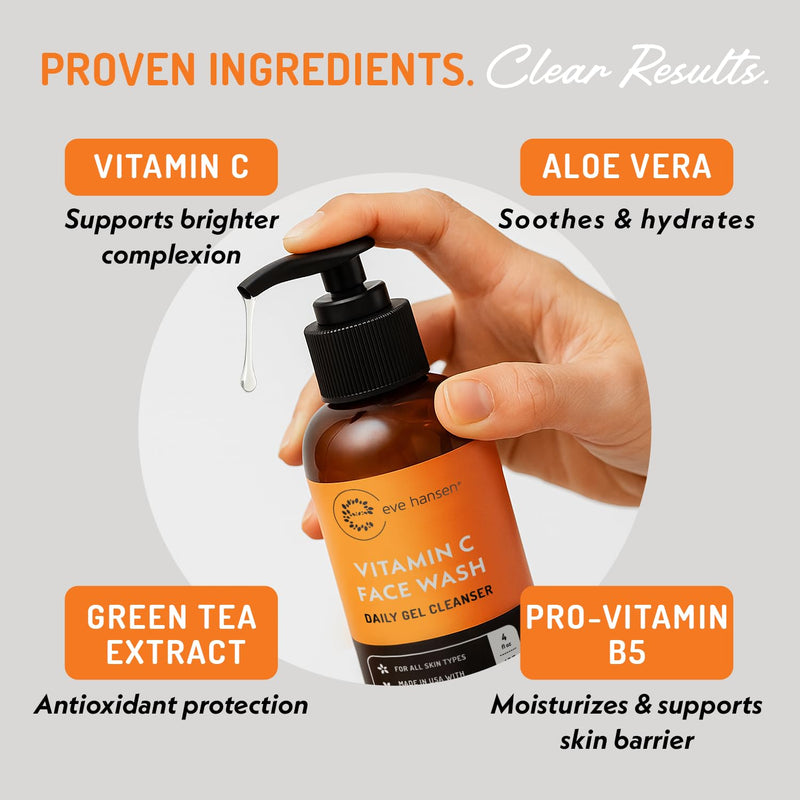 Eve Hansen Vitamin C Cleanser Face Wash | Anti Aging Facial Cleanser for Fine Lines, Age Spots, Dark Circles | Cruelty Free Skin Care Cleansing Gel with Aloe Vera, Vitamin E (4 oz) 4 Fl Oz (Pack of 1)