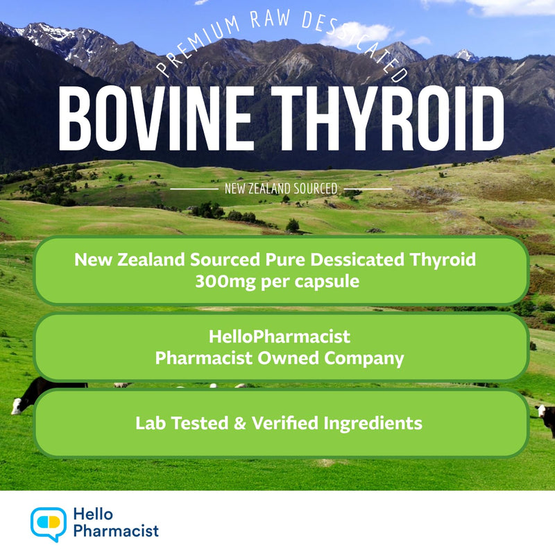 [Australia] - Raw Grass-Fed Desiccated Bovine Thyroid 300mg - Energy & Metabolism Support - New Zealand Sourced, Freeze-Dried Glandular, Non-GMO, Tested for Impurities - 60 Capsules - Pharmacist Owned Brand 