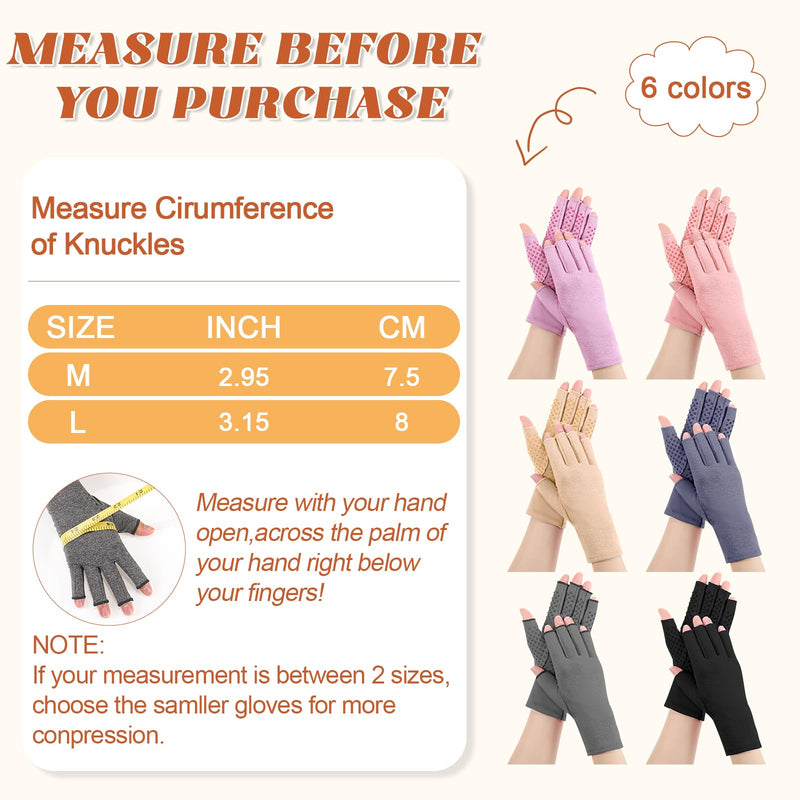 JenPen 6 Pair Arthritis Compression Gloves for Women, Fingerless Compression Glove for Relieve Arthritis Rheumatoid Daily Use Mixed Color Large
