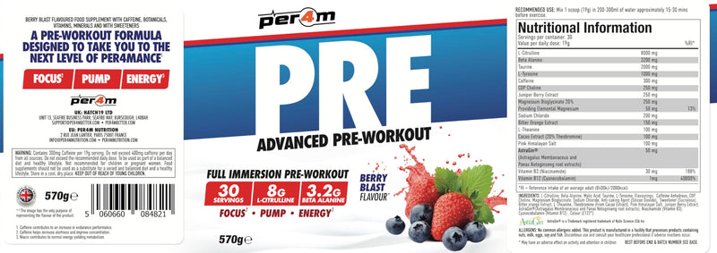Per4m Pre Workout Powder | Intense Pump, Sustained Energy & Mental Focus | L-Citrulline, Beta Alanine & Caffeine & Added Hydration (570g, Berry Blast)