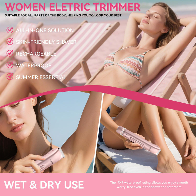 [Australia] - Bikini Trimmer for Women 2 in 1 Electric Razors IPX7 Waterproof Wet & Dry Use Womens Electric Razor Dual Head Shaver for Bikini Underarm Leg Arm Body Face, Pink 