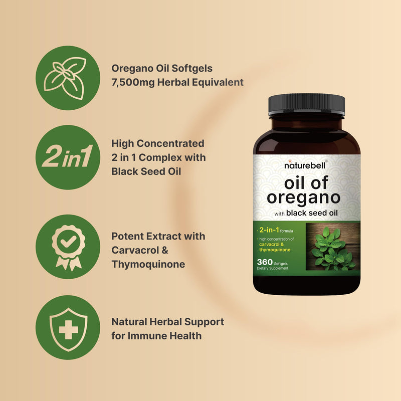 [Australia] - NatureBell Oregano Oil 7,500mg with Black Seed Oil, 360 Softgels | 360-day Supply Essential Oils for Immune Health | Retains High Concentrated Carvacrol & Thymoquinone ‚Äì Non-GMO 