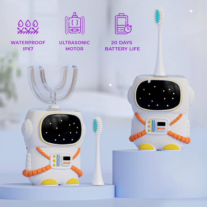 [Australia] - Sensory 360 Round U-Shaped Astronaut Design Mouthguard Electric Toothbrush for Kids Ages 2-7 - Automatic Memory Function - 5 Modes Toothbrush with Multiple Heads – Kids Travel Essentials (White) White Small 