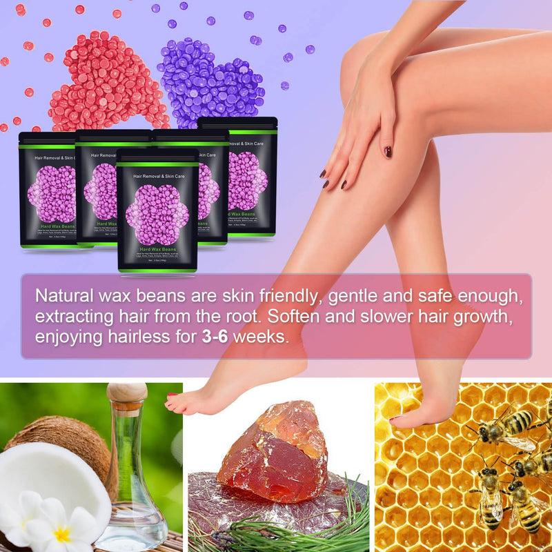 [Australia] - Hard Wax Beads for Hair Removal 1.1 lb (17.6 oz) - Sensitive Skin, Brazilian, Face, Bikini, Legs, Eyebrow - Painless Waxing Kit for Women Men, 5 Packs With 10 Wax Sticks 5 Purple 