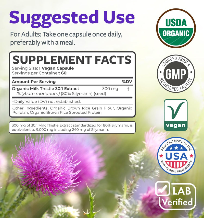 [Australia] - USDA Organic Milk Thistle Capsules - 80% Silymarin Supplement for Liver Support- Super Concentrated 300mg of 30:1 Milk Thistle Extract Equivalent to 9,000mg - Milk Thistle Liver Detox 60 Day Supply 60 Count (Pack of 1) 