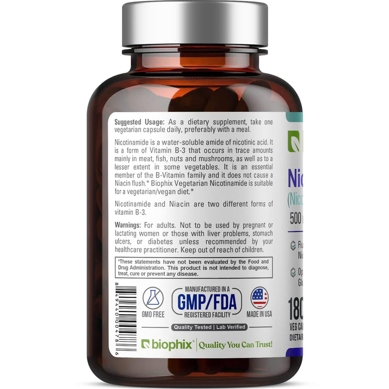 biophix B-3 Nicotinamide 500 mg 180 Vcaps - Nicotinic Amide Niacin Natural Flush-Free Vitamin Formula - Supports Skin Cell Health