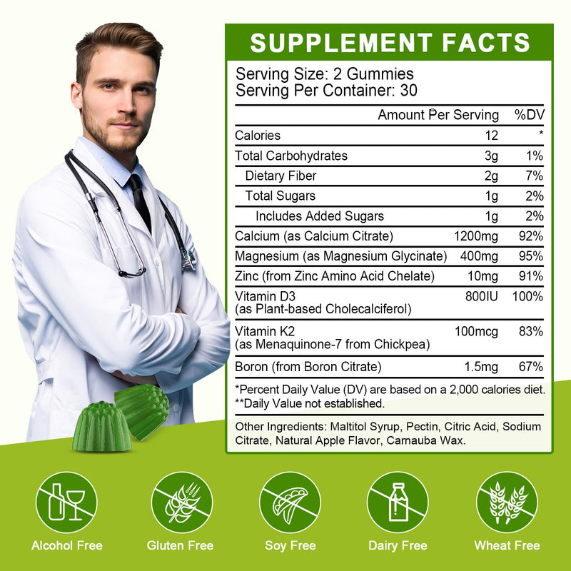 Calcium Citrate 1200mg with Vitamin D3 for Women, Bone, Teeth Support, 60Ct | WOGORGT - Chewable Calcium Citrate Gummies with Magnesium, Zinc, D3, K2, Daily Wellness Support for Women & Men, Apple Flavor 60 Count (Pack of 1)