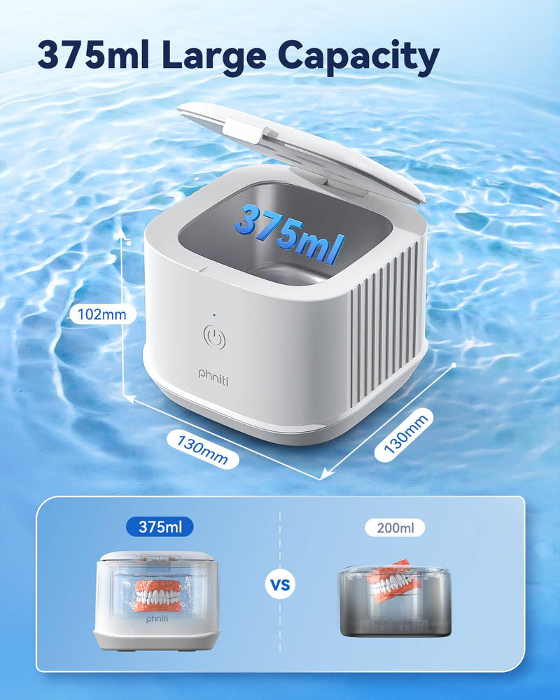 [Australia] - Ultrasonic Retainer Cleaner, Phniti 48kHz Professional Ultrasonic Cleaner Machine for Retainers, Jewelry, Dentures, Mouth Guard, Aligner, Toothbrush Heads, 13OZ Portable Dental Cleaning-White 350ml 