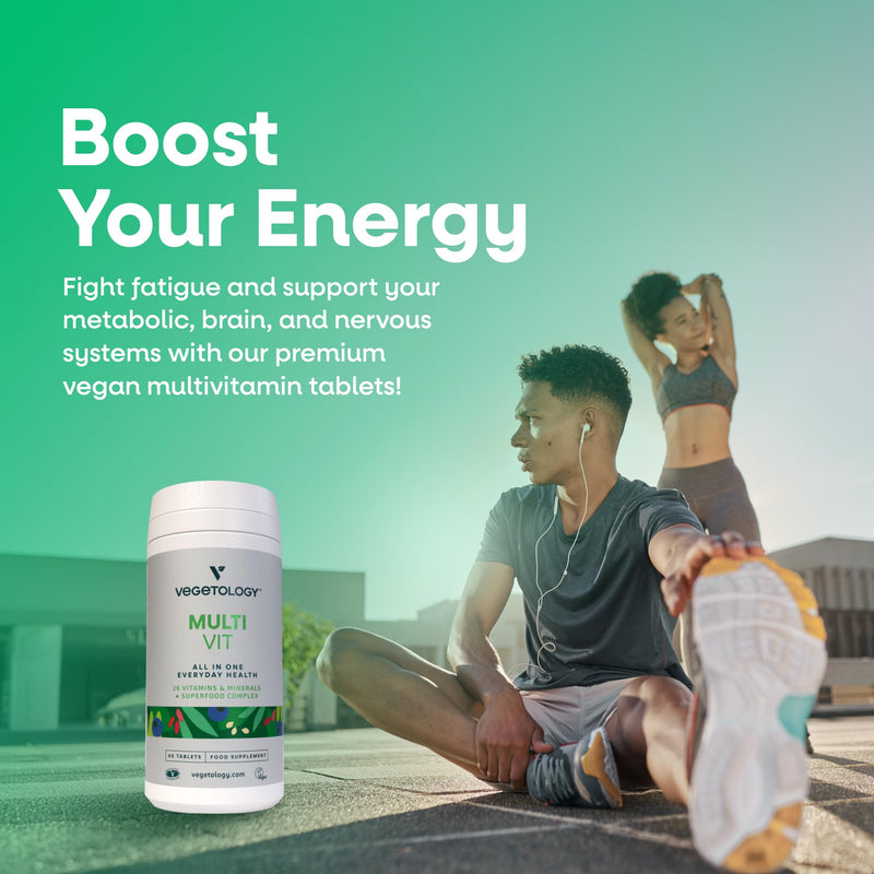 Vegetology Vegan Multivitamin Tablets for Women and Men, 26 Chelated Vitamins and Minerals with Iron, Vitamin B12, D3 and K2, Metabolic, Brain, Immune Support, 60 Tablets, 2 Months Supply, Ages 11+