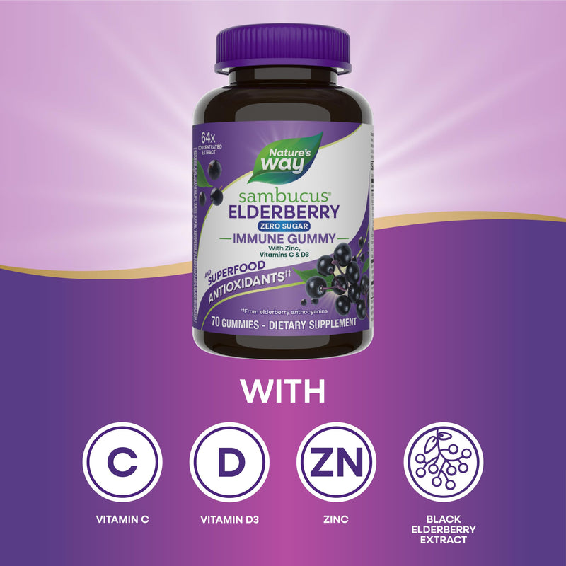 Nature's Way Sambucus Zero Sugar Immune Gummies,Daily Immune Support*,Black Elderberry Extract,Vitamin C,Vitamin D3,Zinc,Sugar Free,Sugar-Alcohol Free,Plant-Based Sweeteners,70 Gummies,(Pack of 2) 70 Count (Pack of 2)