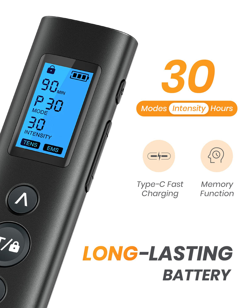 [Australia] - 30 Modes TENS EMS Unit Compact Muscle Stimulator for Pain Relief of Back, Shoulder, Neck, Rechargeable & Portable Dual Channel EMS Muscle Stimulator with 30 Intensity Levels, 12 Electrode Pads Black 
