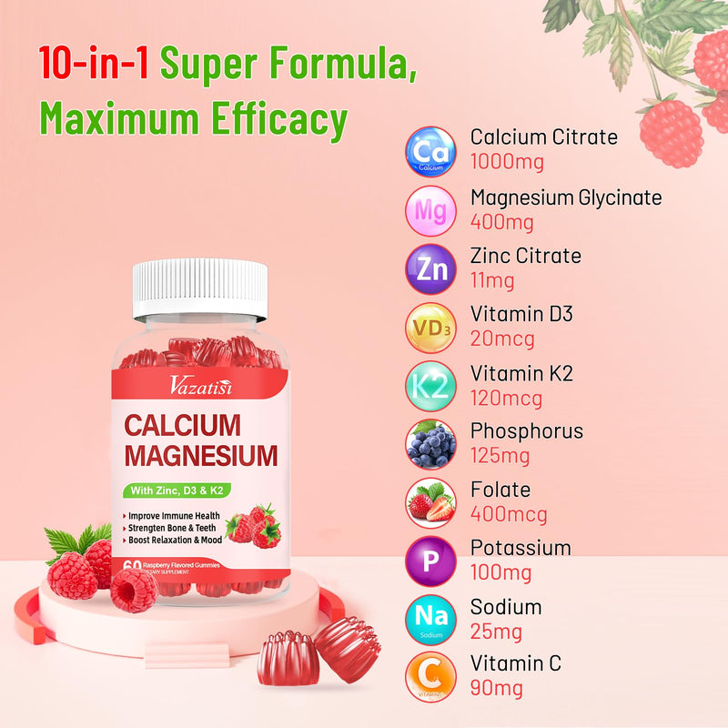 Calcium Magnesium Zinc Gummies with Vitamin D3 & K2, High Absorption Magnesium Glycinate Potassium for Immune and Calm Mood, Raspberry Flavor 60 Gummies 60 Count (Pack of 1)