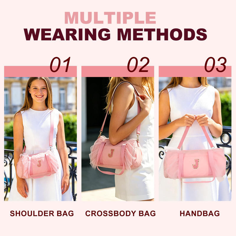 Dance Bag, Personalized Initial Letter Lace Yoga Bag with Adjustable Strap & Shoes Compartment, Small Cute Ballet Travel Duffel Tote Pink & H-Fitting(Ballet/Yoga/Travel Duffel) Pink-H
