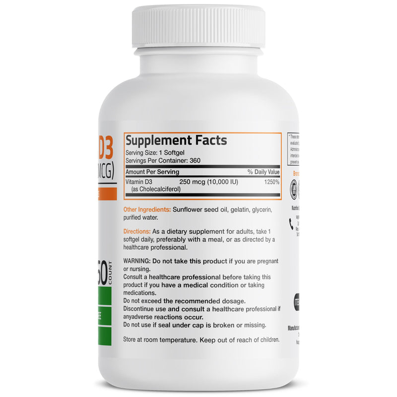 Bronson Vitamin D3 10,000 IU (250 mcg) Immune Support, 360 Softgels | Bone, Muscle, Teeth & Nervous System Support, Once-Daily, Non-GMO, Gluten-Free & Soy-Free 360 Count (Pack of 1)