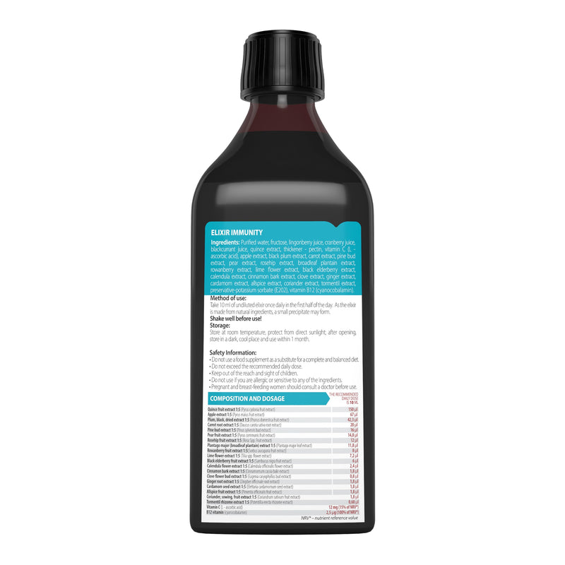 Elixir Immunity Herbal Liquid Vitamins Supplement - Black Elderberry, Vitamin C, B12, Cardamom & Calendula - Immune Support, Energy & Digestive Comfort - Vegan, Natural Fruit Flavour, 250ml