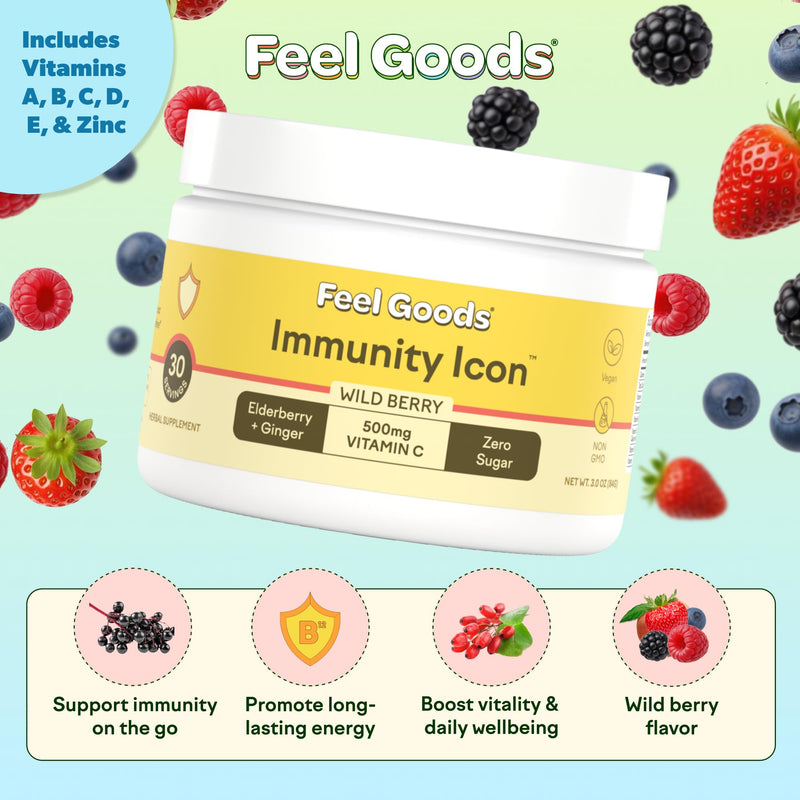 Feel Goods Immunity Icon, Vitamin C Immune Support Powder, 30 Servings | Immunity Plus, 500mg Vitamin C, Elderberry, Ginger, Turmeric, Vitamins for Immune Health, Sugar-Free, Caffeine-Free Drink Mix 30 Servings (Pack of 1) Wild Berry