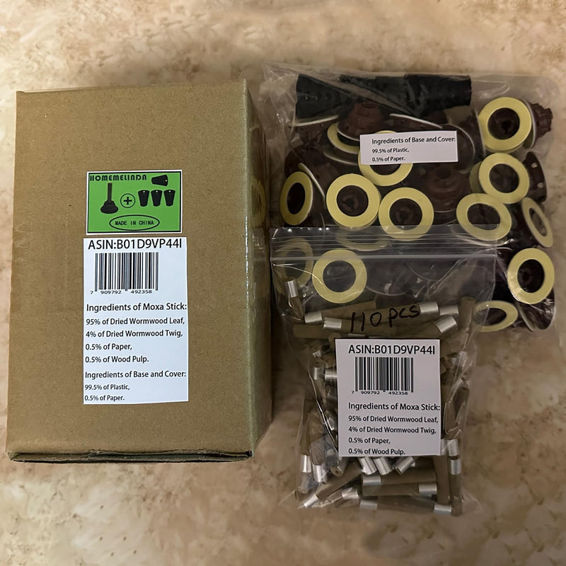 [Australia] - 110pcs Moxibustion Sticks and 100pcs Self-Stick Base, 5-Years Moxa Cone Moxi Stick for Chinese Traditional AiJiu with 4pcs Protective Cover 
