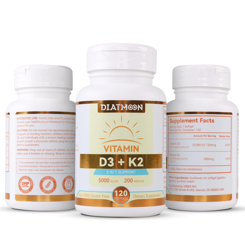 Vitamin D3 K2 Supplement Softgels, D3 5000 IU & K2 MK-7 200 mcg - 120 Count | Bone & Teeth Support, Easy to Swallow, Non-GMO, Gluten-Free 120 Count (Pack of 1)