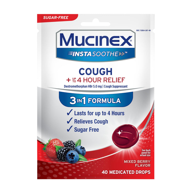 [Australia] - Mucinex Instasoothe Sugar Free Cough Drops, Cough Medicine for Adults with Dextromethorphan HBr, Non Menthol Cough Drops, Cough Suppressant Lozenges, Mixed Berry Medicated Cough Drops, 40ct 