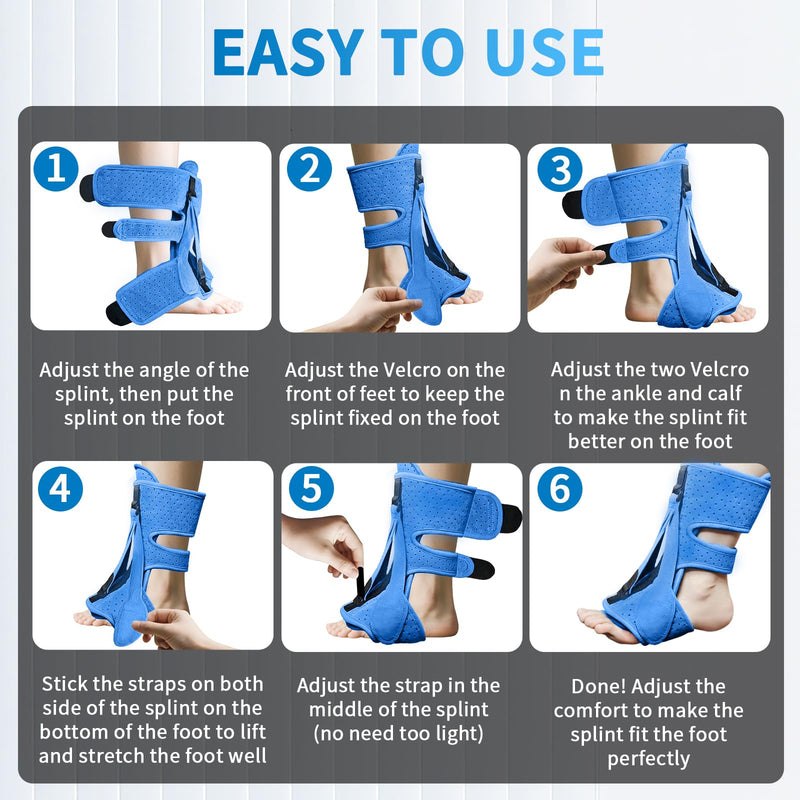 [Australia] - Plantar Fasciitis Night Splint, Adjustable Planter Facetious Orthotic Brace for Pain Relief, 3 straps Drop Foot Universal Size, Day Night Achilles Tendonitis & Heel Spur Relief for Women Men, Blue 