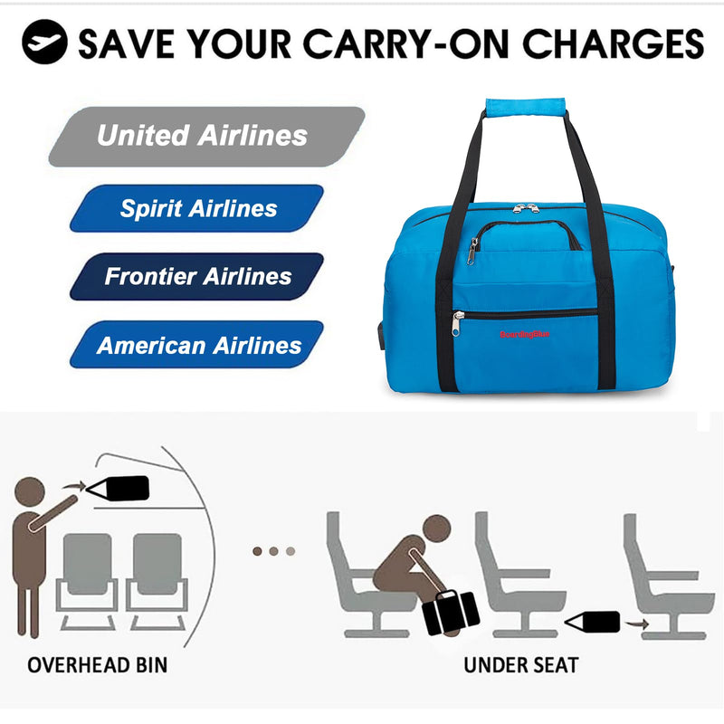 17x10x9 United Airline Personal Item Under Seat Duffel Bag With Free Pillow And USB Port (Royal Blue) Royal Blue