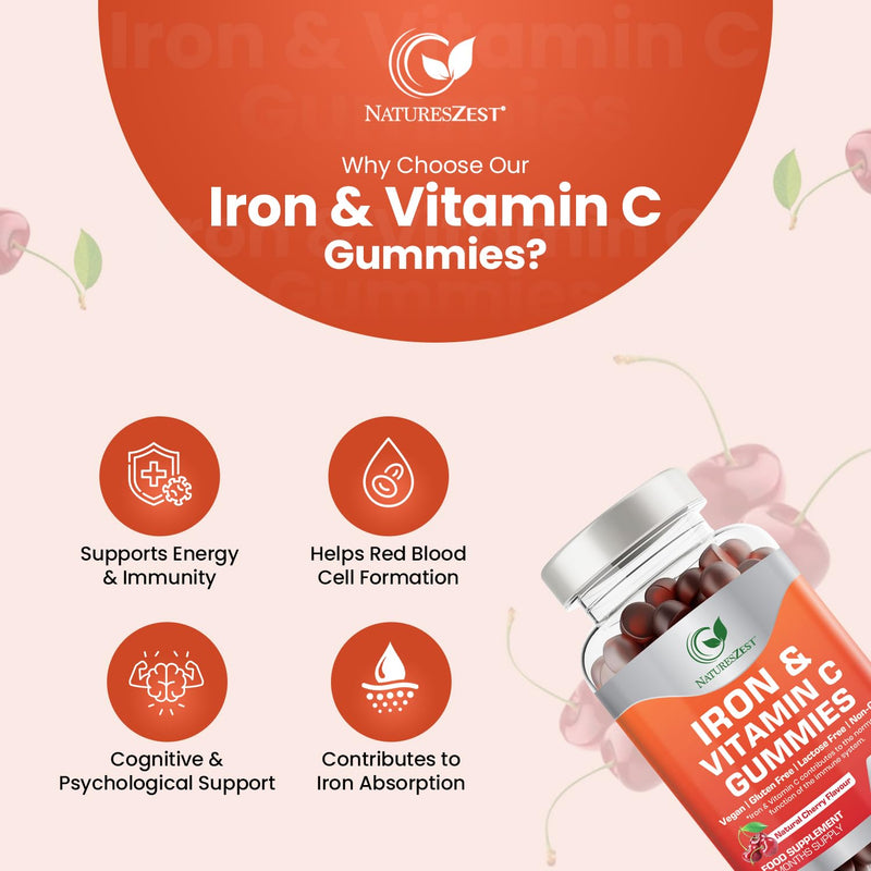 Iron & Vitamin C Gummies for Adults & Kids - 150 Chewable Gummies for Energy & Immune Support | Vegan Iron Supplement |Natural Cherry Flavour, Non-GMO -5 Month Supply - By Natures Zest