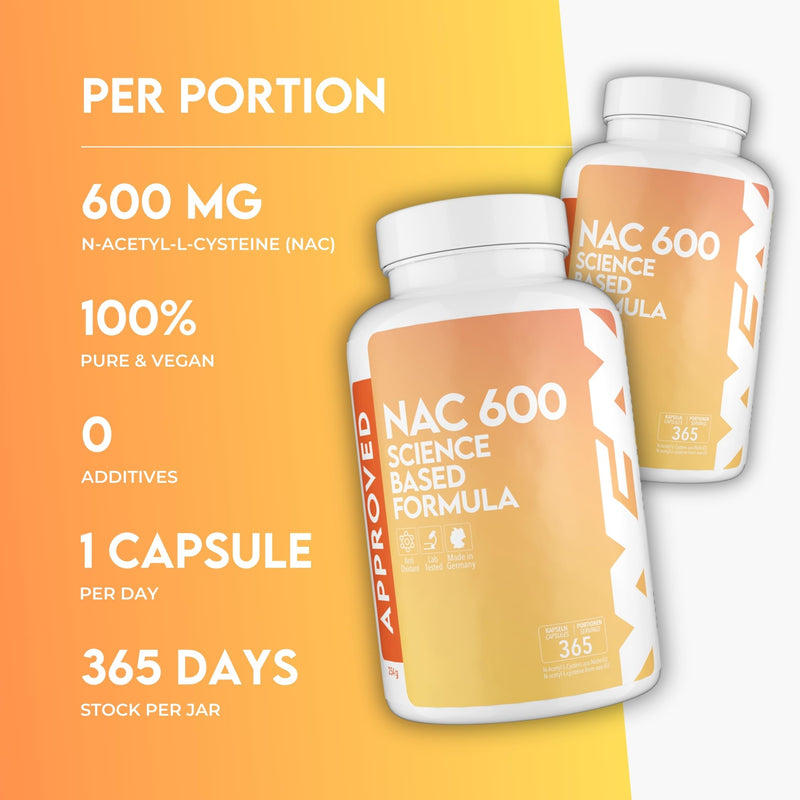 WFN Approved NAC 600 mg per Capsule - N-Acetyl-L-Cysteine - 365 Capsules Annual Supply - Highly dosed, Vegan, Without additives - Produced & Laboratory Tested in Germany 600mg - Capsules