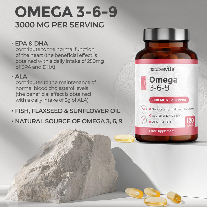 Omega 3, 6 and 9 High Strength Capsules, 3000mg - Fish and Flaxseed Oil Fatty Acid Nutritional Supplements for Women and Men - Natural Source of EPA and DHA - Easy Swallow Softgels