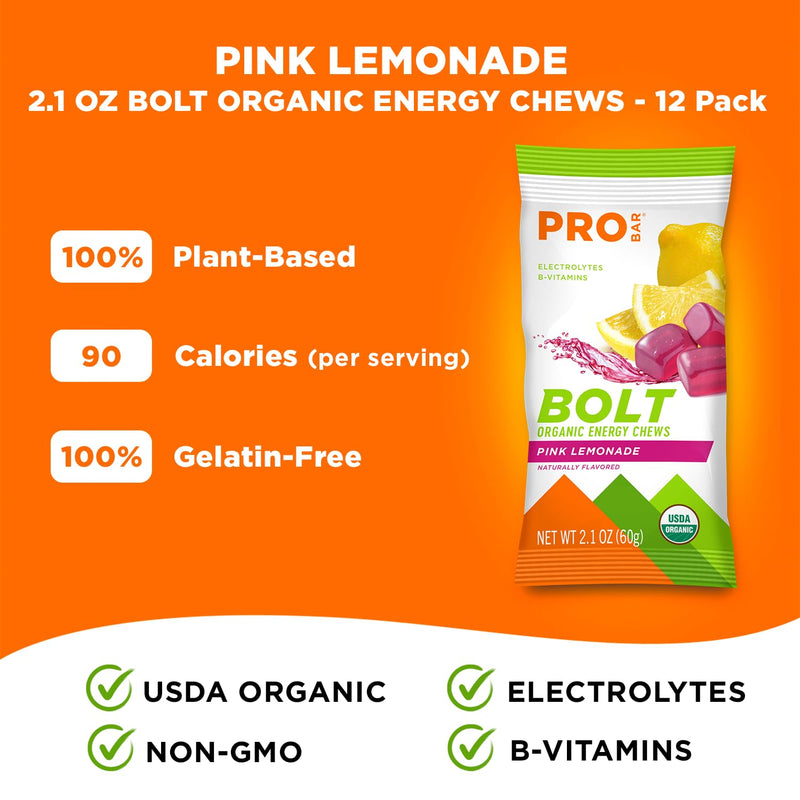 PROBAR Bolt Energy Chews for Running & Cycling – Organic Sports Nutrition Gummies with Electrolytes & B Vitamins, Fast Carb Endurance Fuel, Vegan Gluten Free Non-GMO, Pink Lemonade (12 Pack) 12 Count (Pack of 1)