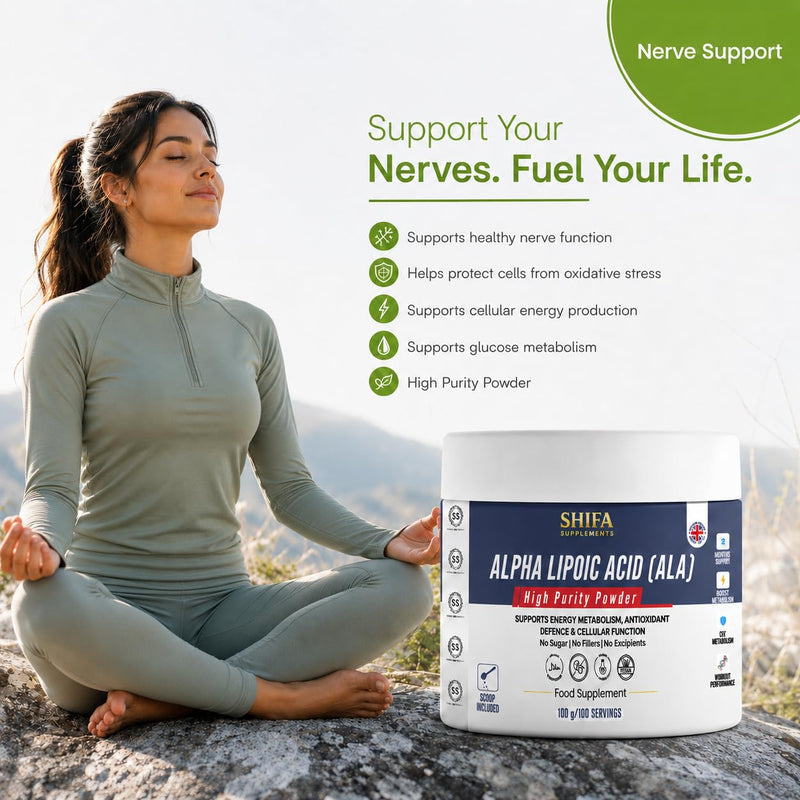Alpha Lipoic Acid Powder 100g | 1000mg Per Serving | High Purity ALA | Antioxidant & Energy Support | Vegan | Halal Certified | Non GMO | GMP Manufactured