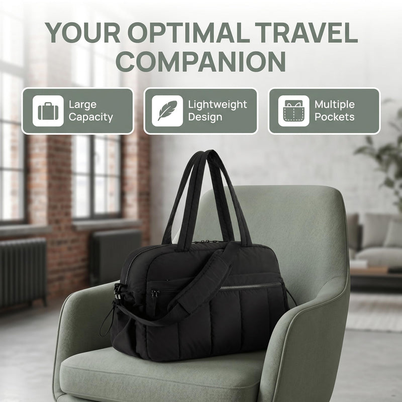 Perphy Women Quilted Travel Duffel Bags with Detachable Shoulder Strap | Multiple organizer pockets. Drawstring side accents. Classic black finish 15.7 * 8.3 * 11.0 inches Black
