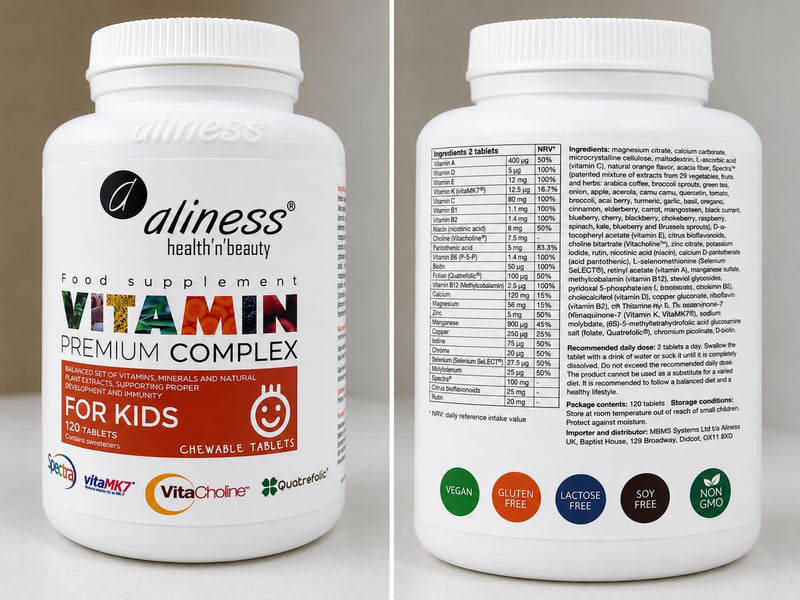 Aliness Premium Vitamin Complex Tablets for Children, 120 Tablets, 23 Vitamins and Minerals, Vegan, Gluten Free, for Children Aged 3 and Older